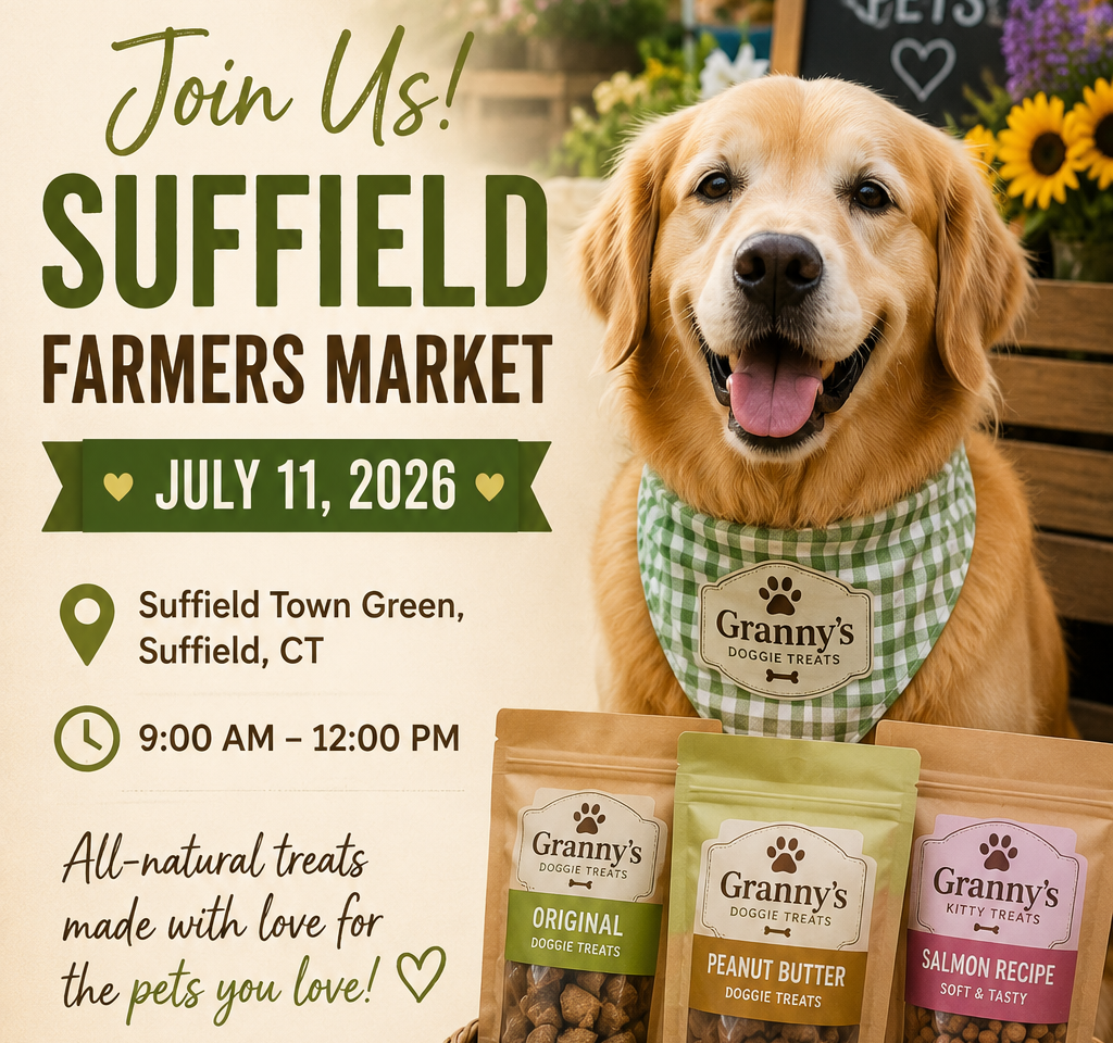 Join Granny's Doggie Treats at the Suffield Farmers Market for a morning of shopping local! Stop by to pick up fresh, all-natural treats for your furry friends and learn more about our newest products.