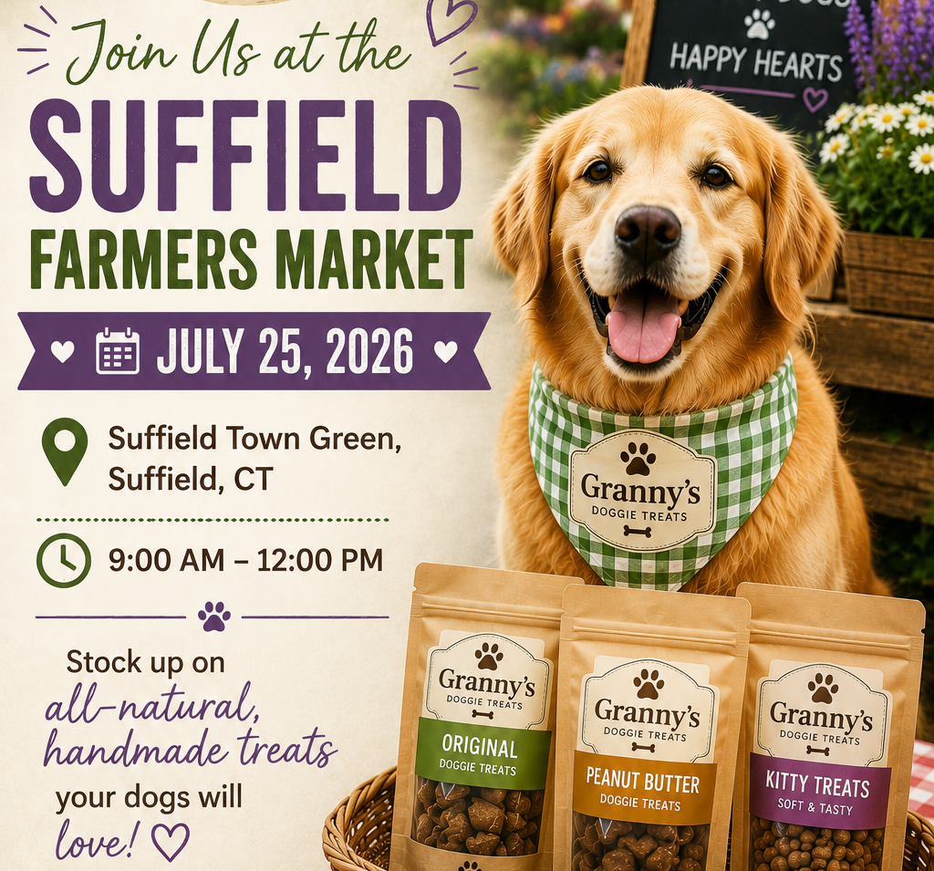 We're back in Suffield! Stop by Granny's Doggie Treats for healthy, homemade dog and cat treats, friendly conversation, and plenty of tail-wagging goodness.