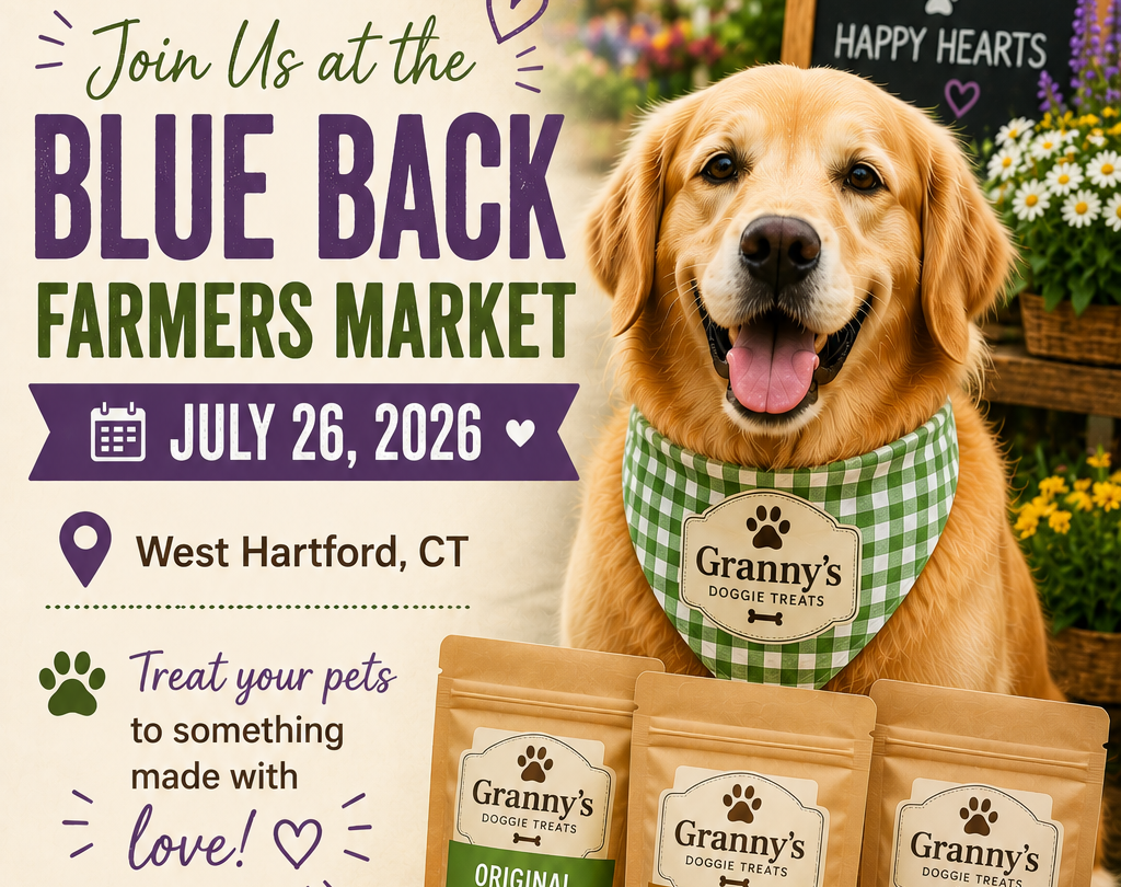 Spend your Sunday with us at the Blue Back Farmers Market! Discover wholesome treats your pets will love and learn why so many local pet parents choose Granny's Doggie Treats.
