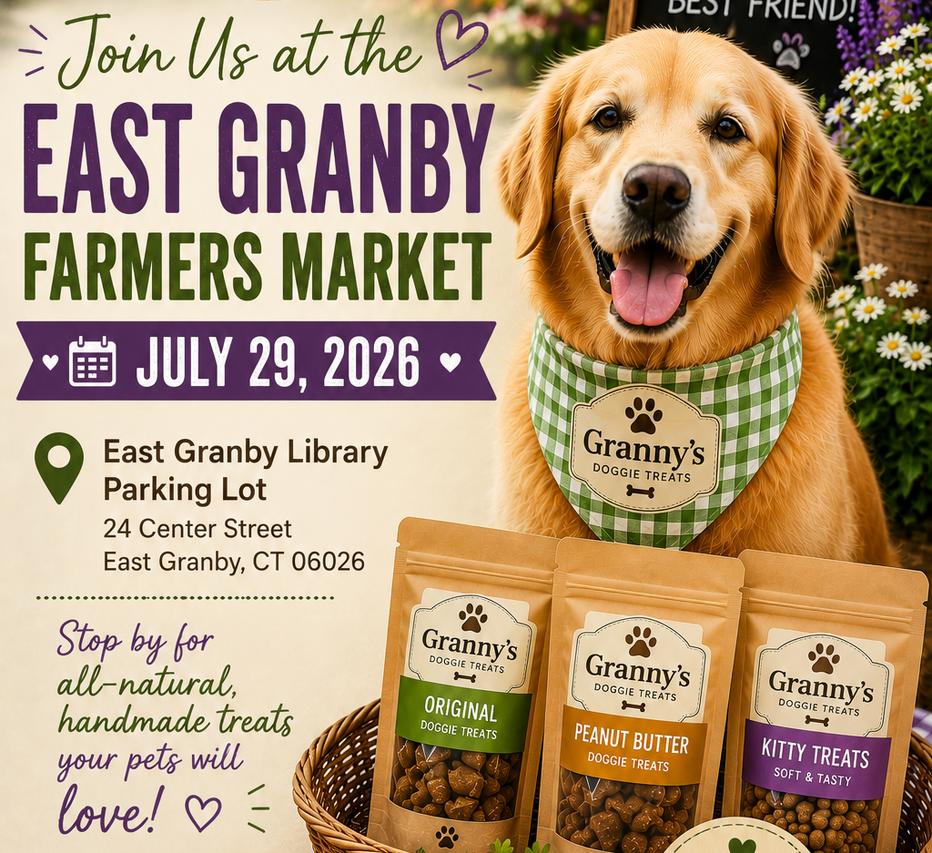 Join us at the East Granby Farmers Market to shop locally and spoil your pets! We'll have our full selection of all-natural dog treats, new Kitty Treats, and friendly smiles waiting for you.
