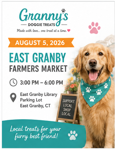 Come say hello at the East Granby Farmers Market! Browse our selection of handcrafted treats, meet the team, and treat your four-legged family members to something special.