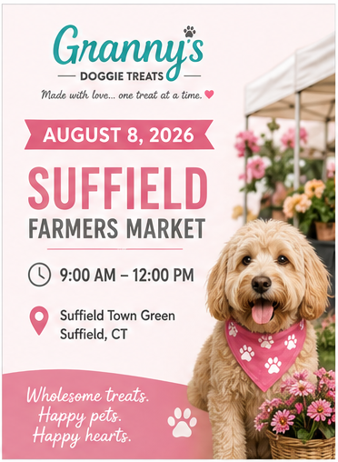Join Granny's Doggie Treats at the Suffield Farmers Market for a morning of shopping local! Stop by to pick up fresh, all-natural treats for your furry friends and learn more about our newest products.