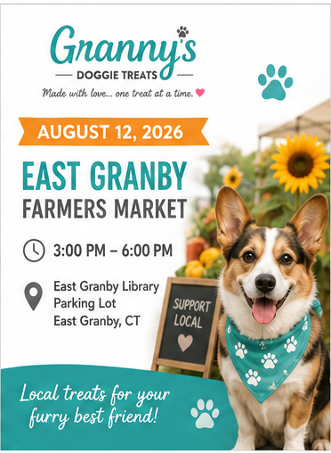 Join us at the East Granby Farmers Market to shop locally and spoil your pets! We'll have our full selection of all-natural dog treats, new Kitty Treats, and friendly smiles waiting for you.