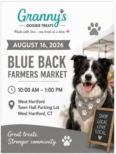 We'll be at the Blue Back Farmers Market with your pets' favorite homemade treats! Visit our booth to stock up on healthy dog and cat treats made with simple, wholesome ingredients.