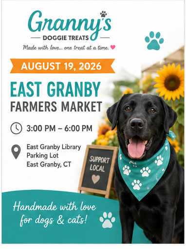 Come say hello at the East Granby Farmers Market! Browse our selection of handcrafted treats, meet the team, and treat your four-legged family members to something special.