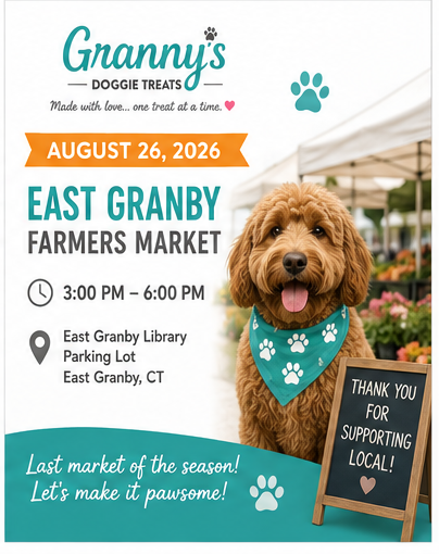 Join us at the East Granby Farmers Market to shop locally and spoil your pets! We'll have our full selection of all-natural dog treats, new Kitty Treats, and friendly smiles waiting for you.